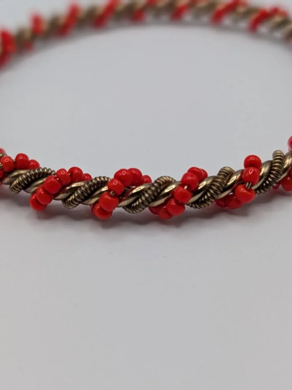 Red Seed Bead Twisted Rope Bangle Bracelet Antique Brass Boho Stacking Bangle